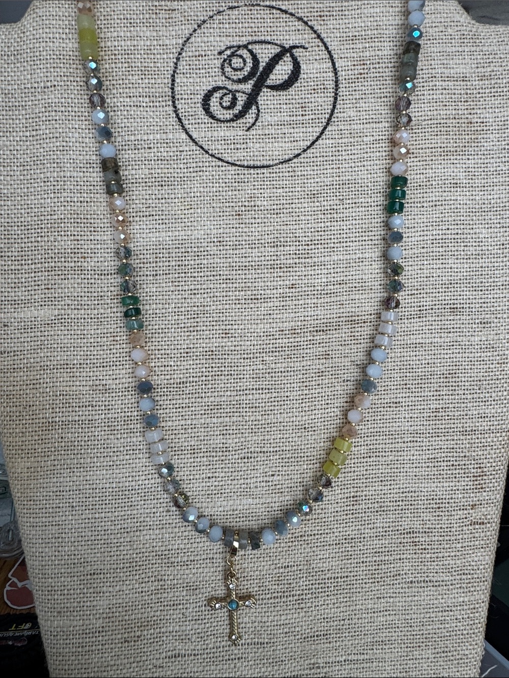 bloom Multicolor Beaded Necklace with Gold Cross Pendant